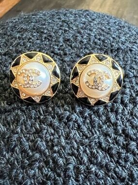 CHANEL Gold, Black & White CC Crystal Starburst Clip-On Earrings